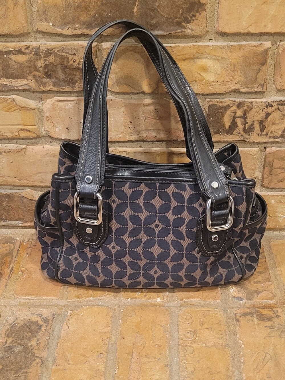 Fossil Navy and Gray Patterned Satchel with Leather Trim